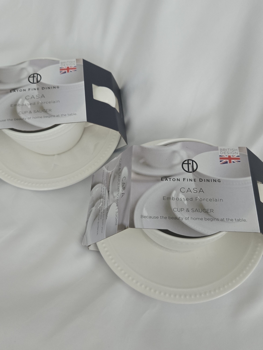 Set of 2 Eaton Fine Dining Casa Embossed Porcelain Cup & Saucer Classic Tea Mug
